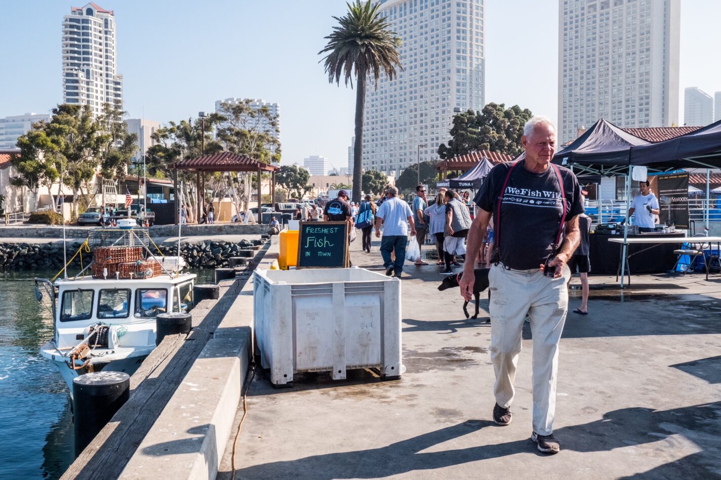 Commercial sea urchin fishermen and Tuna Harbor Dockside Market strolls the walkway at the Port of San Diego. It is sunny and there are palm trees and skyscrapers in the distance.