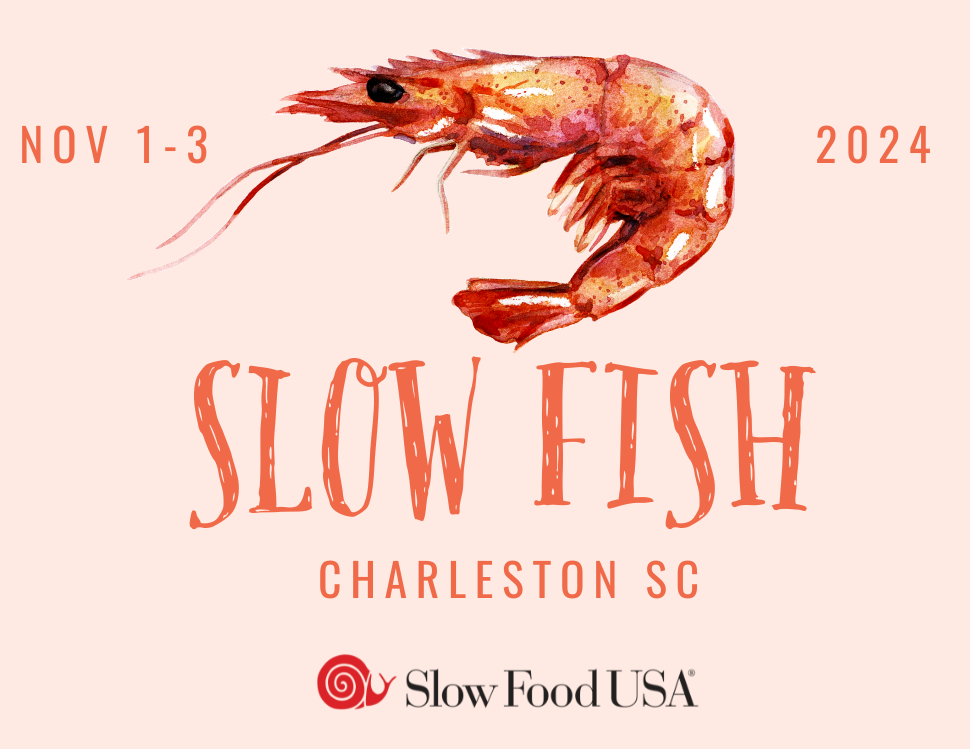 Drawing of an orange shrimp with the headline "Slow Fish" and the event dates and location